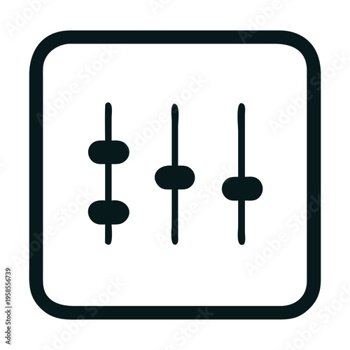 Simple black and white icon of three vertical sliders, representing settings, adjustments, or control options, perfectly isolated on a clean