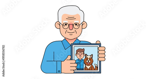 An elderly man holding a framed picture of a boy and a corgi depicted in a flat illustration style silhouette