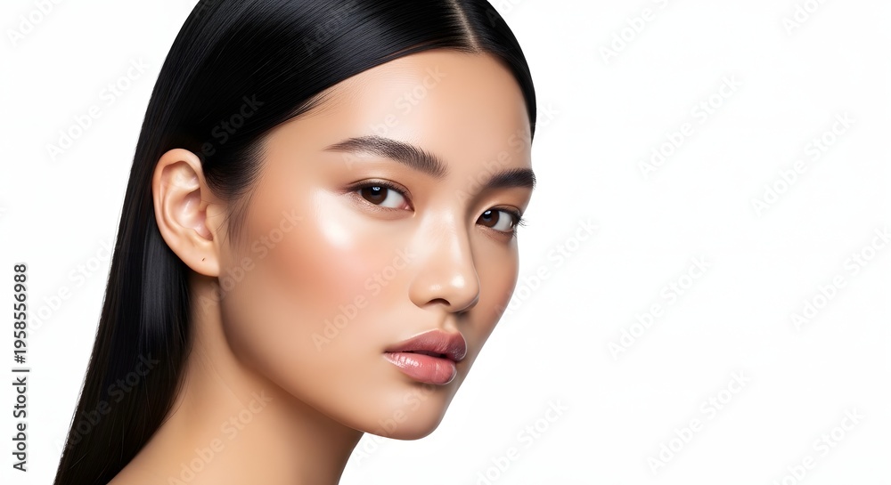 Naklejka premium Asian Woman with Perfect Skin, Beauty Portrait, White Background