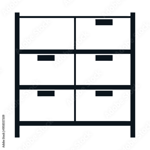 A minimalist line art illustration of a sixcompartment storage unit, featuring individual shelves or drawers with subtle handle details, presented as a clean and versatile graphic isolated on white