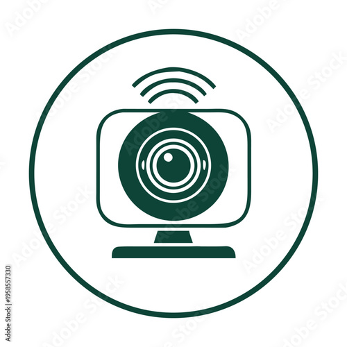 Wireless webcam icon in a circle representing online communication, video conferencing, security, and digital surveillance technology, isolated on