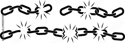Broken chain disconnect icon set, link disruption symbol