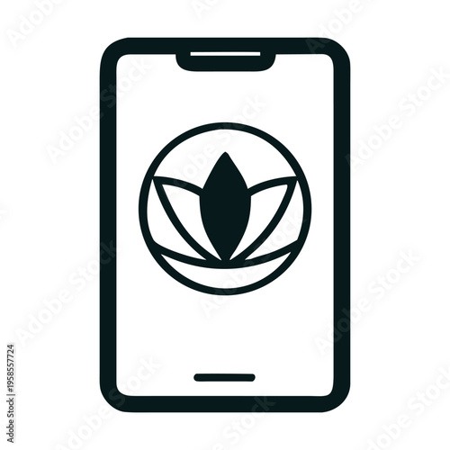A sleek line art icon of a smartphone displaying a stylized lotus flower, representing mobile wellness, meditation apps, and digital mindfulness, isolated on