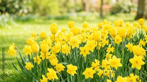 A vibrant yellow daffodil garden with a blurred green background.