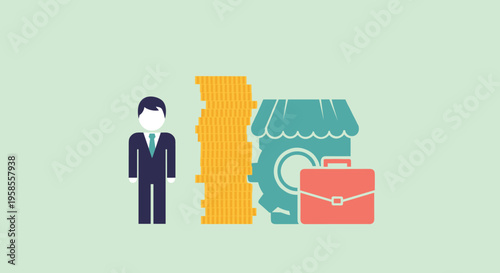 Flat minimalist illustration of business owner building financial buffer, b