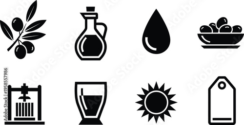 A set of line art design vector concepts featuring olive oil icons in silhouette style for food and nutrition branding