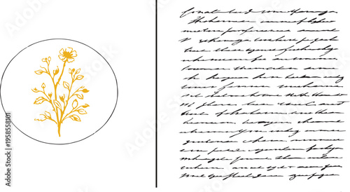 Vintage Floral and Handwritten Text Composition: A serene composition featuring a delicate golden floral illustration, gracefully set within a circular frame.