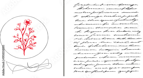 Elegance in Script: A detailed view showcases an exquisite illustration of a floral emblem accompanied by a handwritten script. The artistry captures timeless beauty.