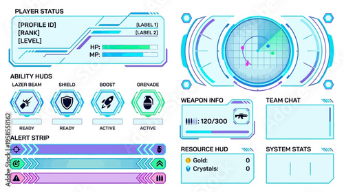 Futuristic high-tech gaming HUD overlay pack displaying player status, abilities, radar, weapon info, and digital resources.
