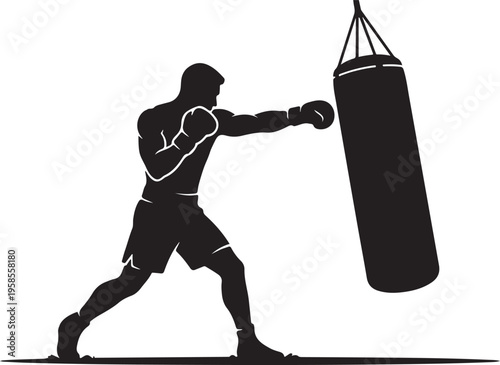Silhouette of boxer training with punching bag, dynamic action shot for fitness and sports concept