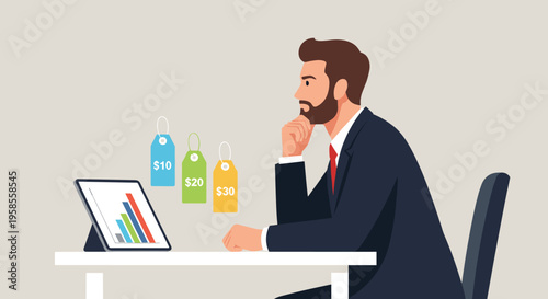 Flat minimalist illustration of business owner calculating break even point