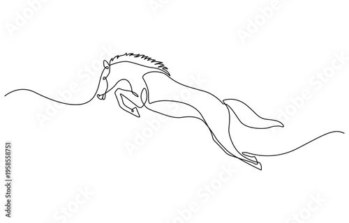 Continuous line drawing jumper of horse, Single continuous line drawing of jumping elegant horse company logo identity. Strong mustang mammal animal icon concept.