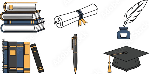 Collection of educational symbols including stacked books a diploma scroll a graduation cap and writing instruments