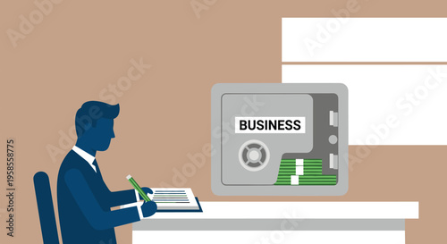 Flat minimalist illustration of business owner cash reserve planning b