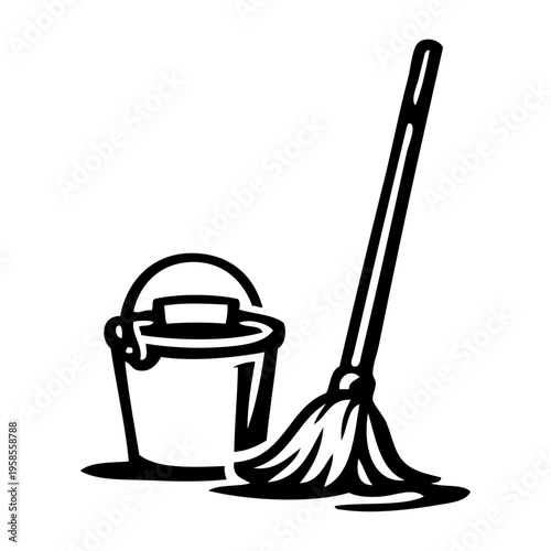 Logotipo con dibujo con líneas de un equipo de limpieza con fregona y cubo para el cuidado de suelos