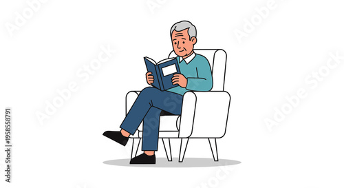 An elderly man peacefully reading a book while comfortably seated in a white armchair silhouette high quality professional detailed modern elegant