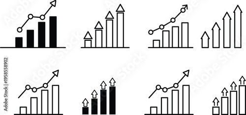 Bar chart with upward trend line and arrows graph line graph