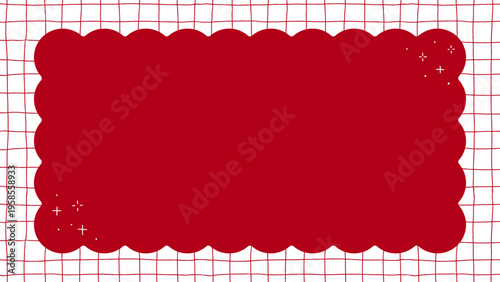 きらきらがあしらわれた赤色のシンプルでかわいい背景装飾イラスト　もこもこフレーム　格子柄