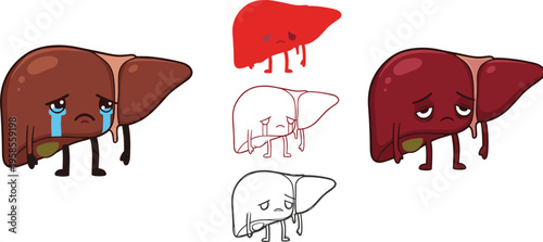 Liver disease progression illustration showing damaged, bleeding, and unhealthy liver conditions with sad cartoon character concept in medical flat vector style
