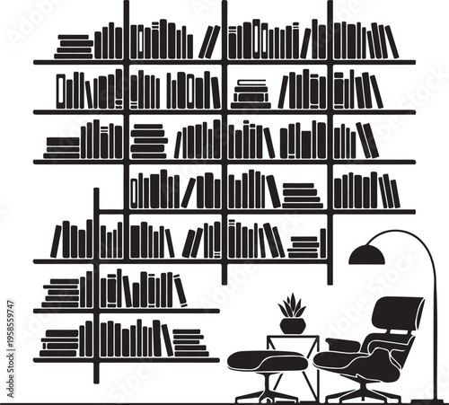 Modern reading corner silhouette featuring a wide bookcase packed with books, a stylish lounge chair with ottoman, a floor lamp, and a potted plant, promoting relaxation and study.