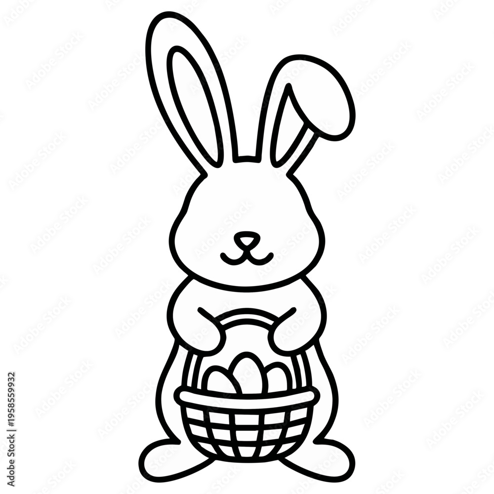 Obraz premium A charming black and white line art vector illustration depicts an adorable Easter bunny with long ears, a cute nose, and a cheerful expression, holding a traditional woven basket filled with several 