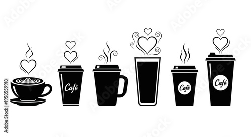 Takeaway coffee cup icons and cafe mugs with decorative heart steam for street food branding and restaurant beverage menus isolated on white background vectors