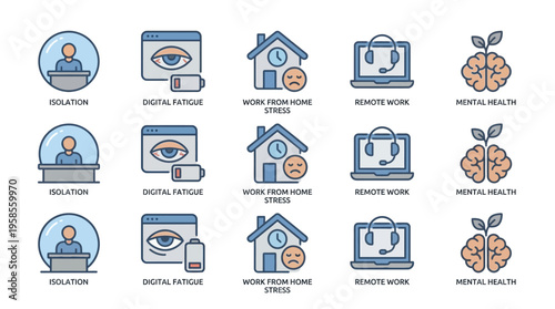Vector line icon set remote work challenges, digital fatigue, work-from-home stress, isolation, and mental health. Promoting well-being