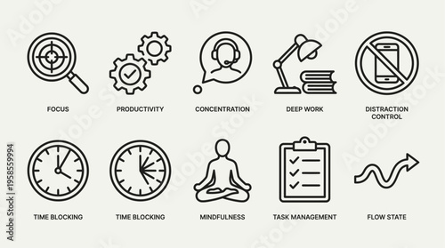 Vector line icon set for productivity, focus, and time management strategies. Visualizing deep work, mindfulness, and distraction control to optimize efficiency