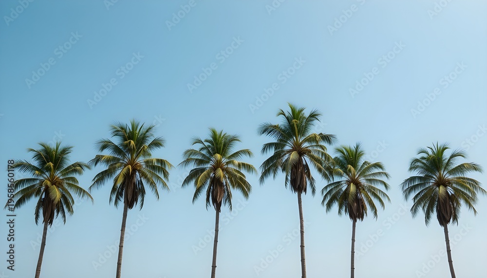 Fototapeta premium Row of tall palm trees against a clear blue sky, capturing a minimal tropical landscape with serene summer vibes, natural beauty, and a peaceful coastal atmosphere