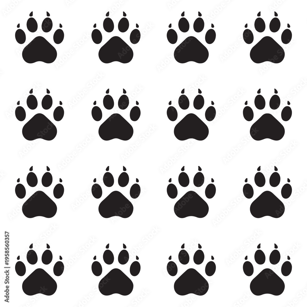 Fototapeta premium Animals footprints tracks Paw and hoof prints of tiger, wolf, moose, camel. Traces of human foot, bird, duck. Footprints, trails of lion, bear on ground. Flat isolated vector illustrations 