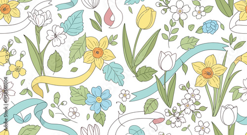 Delightful seamless pattern with an assortment of charming spring flowers and decorative ribbons in soft pastel colors, perfect for joyous occasions.