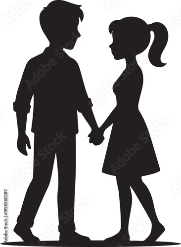 Silhouette of a romantic couple holding hands, walking together in love and harmony.
