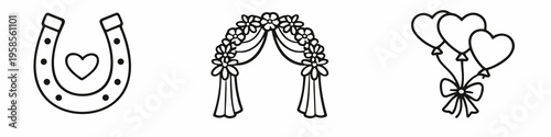 Outline wedding icons with lucky horseshoe, floral arch, and bridal bouquet. Elegant vector set for ceremony, romance, celebration, invitation, and love themed design projects.