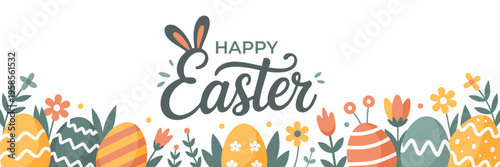 Cute Easter banner illustration. Happy Easter egg greeting card background template. Easter horizontal poster. Trendy Easter design with hand drawn Easter eggs, spring flowers and bunny ears