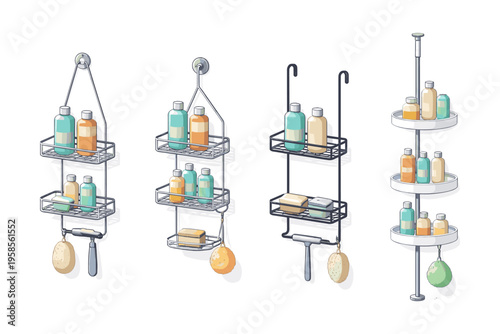 Various bathroom shower caddies and organizers with toiletries and accessories