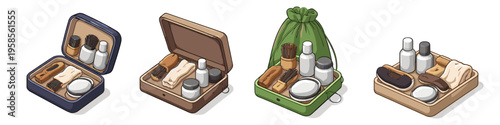 Collection of travel grooming kits for personal care and shoe maintenance