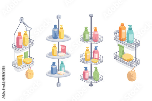 Collection of bathroom shower caddies with toiletries and accessories