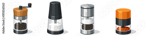 Collection of four different pepper and salt grinders with clear containers