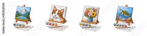 Four different paint by number kits displayed on easels with supplies