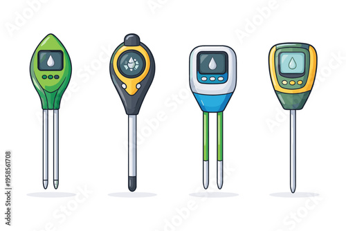 Collection of four different soil testing meters for gardening and agriculture