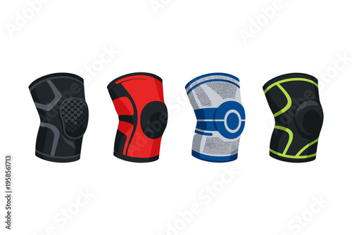 Collection of four different knee support braces for athletic activities and recovery