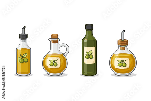 Collection of four cartoon bottles filled with golden olive oil and olive branch labels