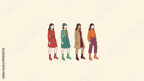 Diverse Women in Autumn Fashion Outfits Minimalist Illustration