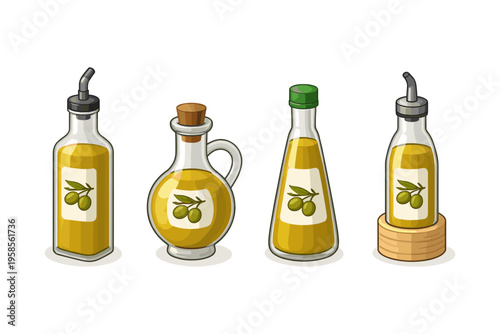 Collection of four cartoon bottles filled with golden olive oil