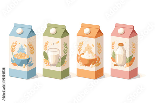 Four cartons of plant-based milk with illustrations of ingredients and drinks