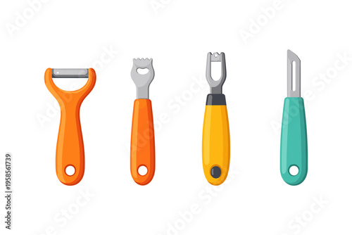 Colorful kitchen tools for peeling and preparing vegetables