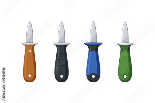 Four oyster shucking knives with different colored handles displayed in a row