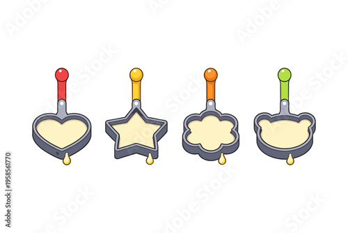 Set of four cartoon pancake molds in fun shapes: heart, star, cloud, and bear