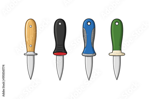 Collection of four oyster shucking knives with different colored handles
