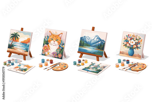 Creative hobby kits featuring paint by number canvases and art supplies